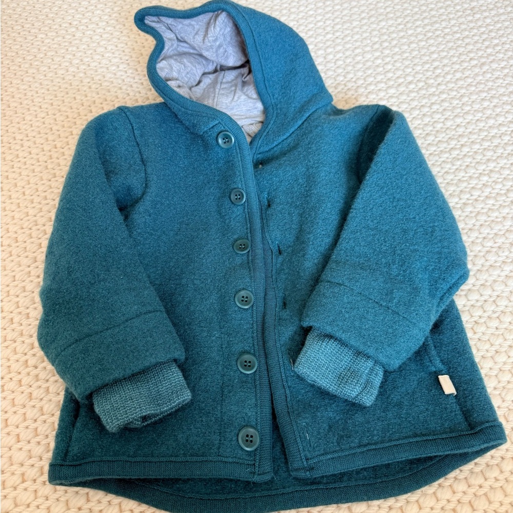 Organic Wool Teal Hooded Button Front Coat